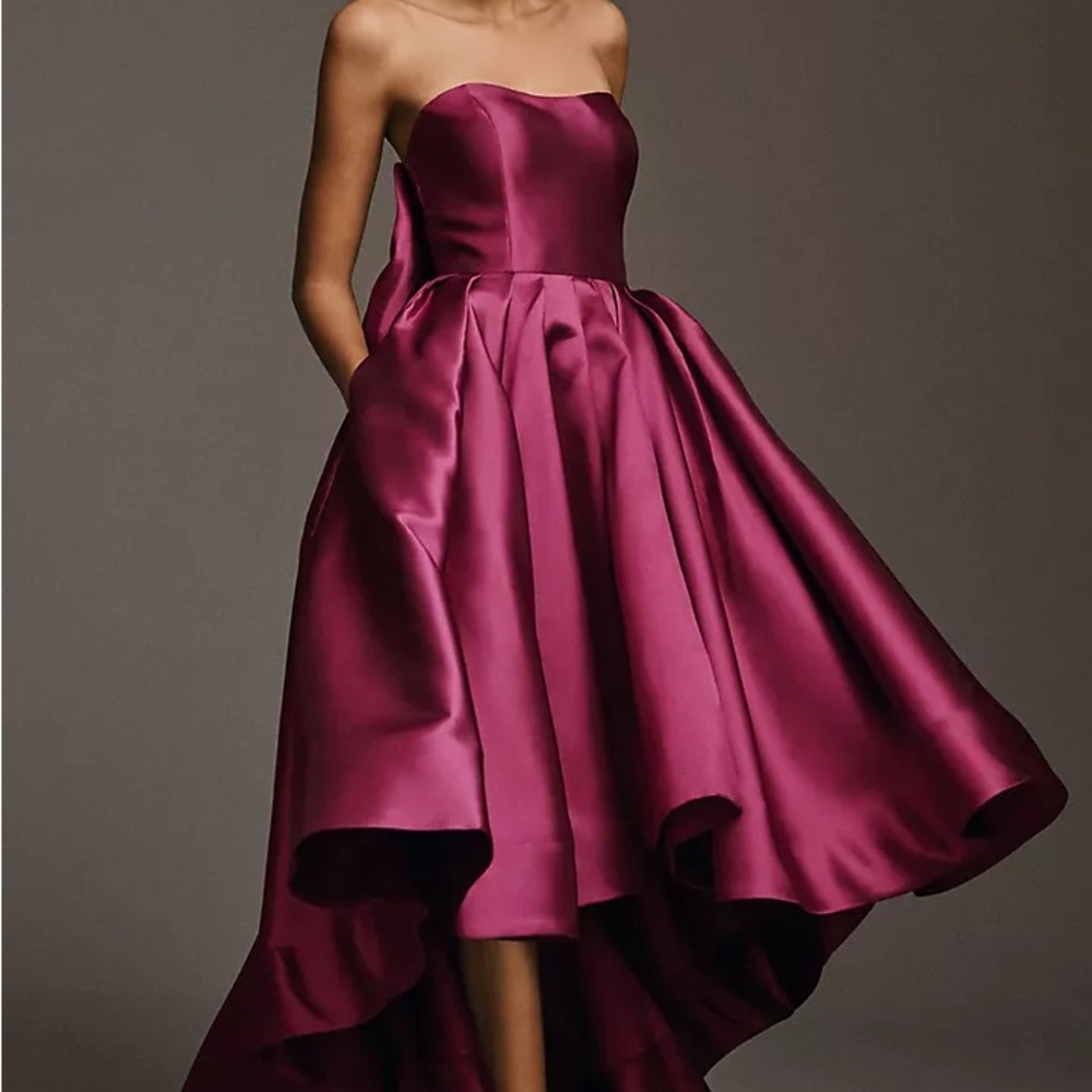 Anthropologie Hutch Adaleigh Strapless Back-Bow High Low Dress in Rich Burgundy